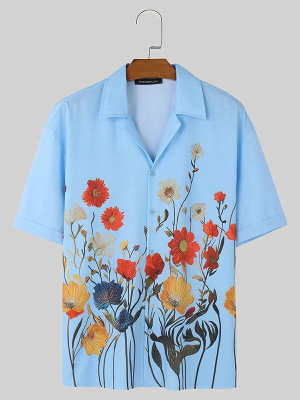 INCERUN Men Shirts Fashion Flower Print Shirt Mens Summer Streetwear Lapel Short Sleeve Top Daily Casual Shirts S-5XL