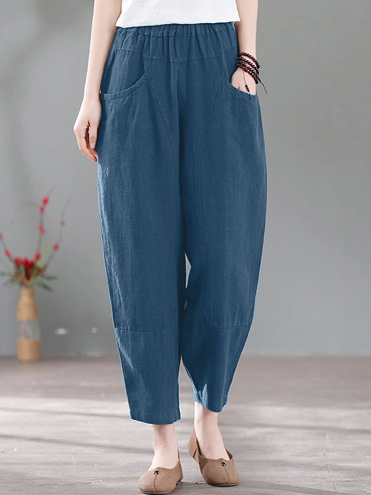 Solid Pocket Casual Cotton Pants
