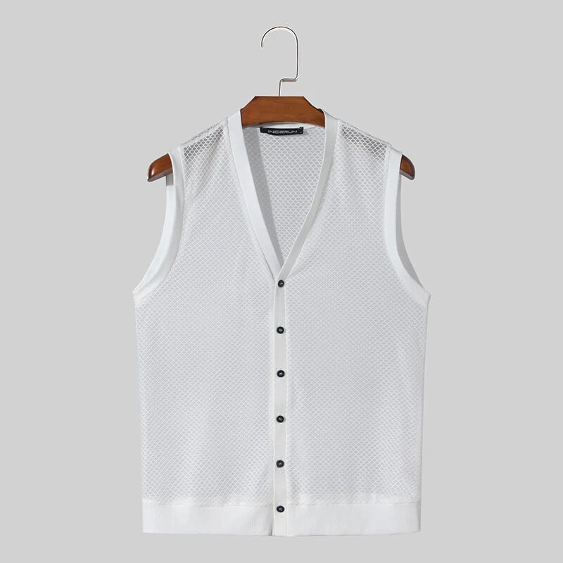 INCERUN Mens Tank Top Solid Color Hollow Out Vests Top Summer Cool Button Undershirt Top Fashion Male Clothing