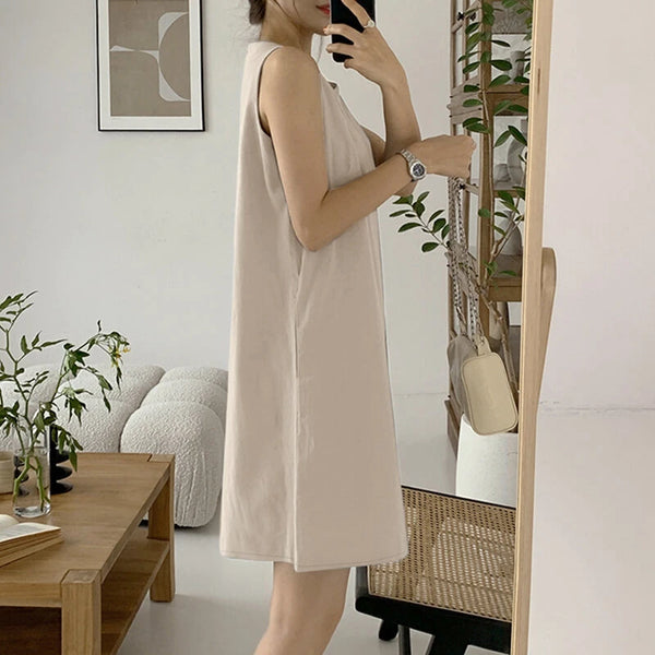 ZANZEA Women Crew Neck Sundress Knee Dresses Oversized Sleeveless Casual Solid Loose Midi Dresses