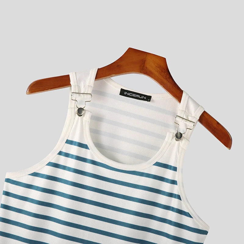 INCERUN Men Tanks Top Blue White Knitted Undershirt with Horizontal Stripes Buckle Back High Stretch Vest for Men