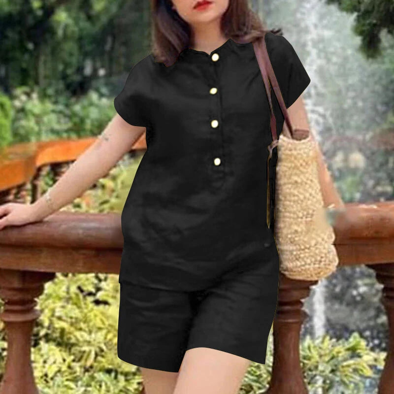 ZANZEA Womens Casual 2pcs Sets Short Sleeve Top Blouse Elastic Waist Pants Loose Suits