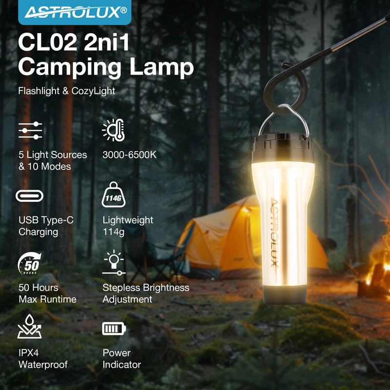 Astrolux CL02 3000-6500K Flashlight and Cozy Light 2 in 1 Camping Lamp, Type-C Rechargeable 50h Max Runtime, Customize Brightness Level Outdoor LED Tent Light Multifunction Ambient Lamp Atmosphere Light