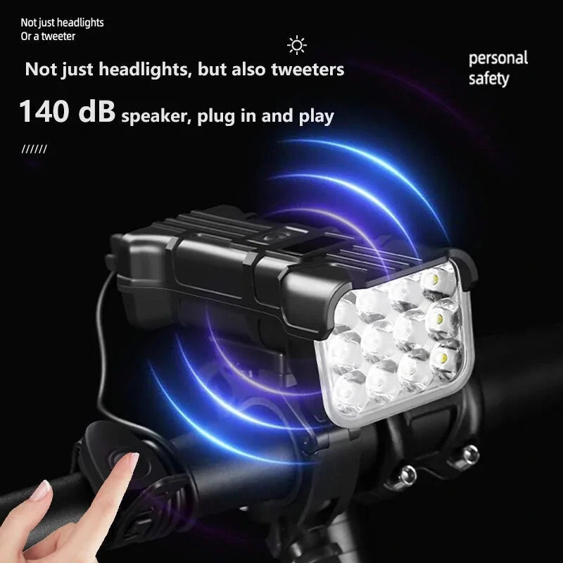 3 in 1 Multifunctional Bike Headlights 12 LED Beads 500Lm Brightness 140dB Bell Alarm 1800mAh Battery Display Power Bank IPX65 Waterproof USB-C Rechargeable 360-degree Adjustment Bicycle Front Light for Night Cycling