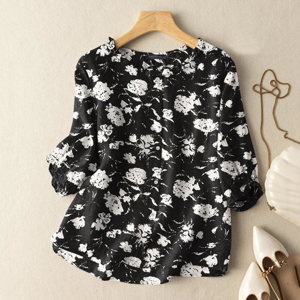 ZANZEA Women Flowers Print Shirt Ruffled stand-up Collar Design Vintage Blouse Medium-length Sleeve Plus Size Blouse Tops for Women