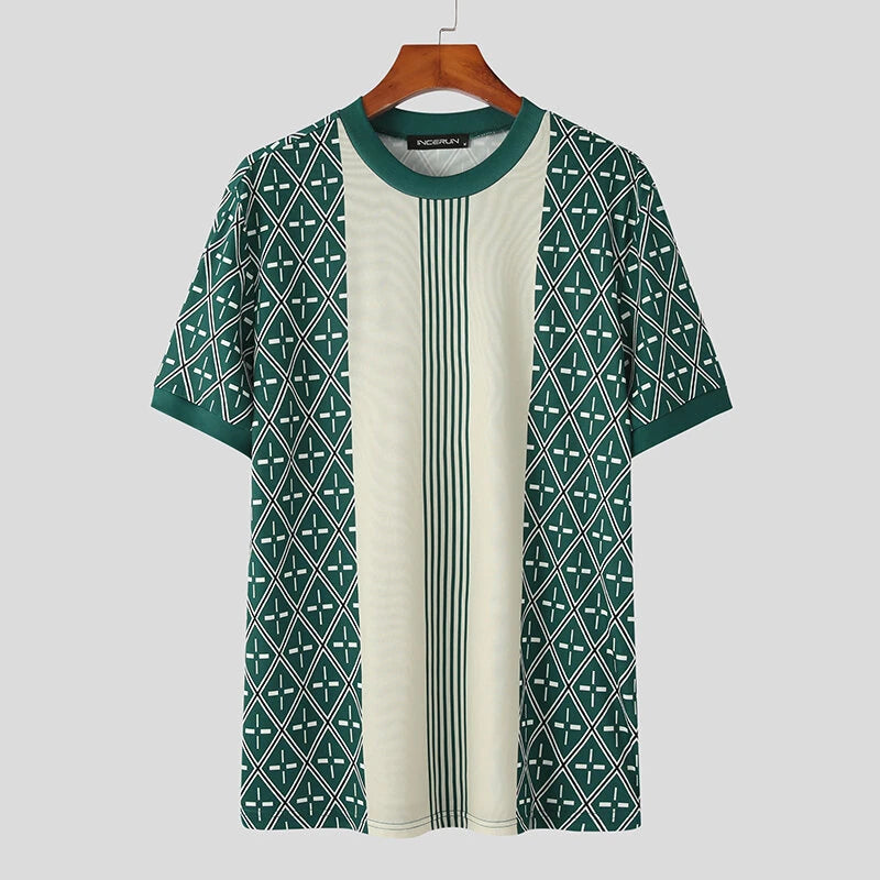 INCERUN Mens Print Crew Neck Short Sleeve T-shirt Comfortable Business Casual Green Tshirt Male S-5XL