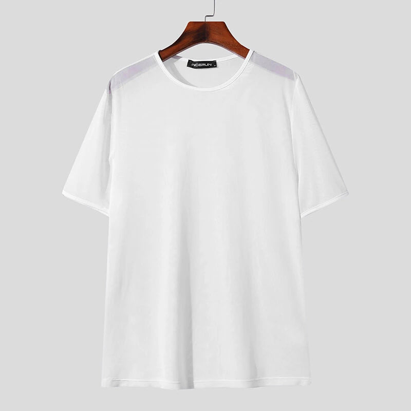 INCERUN Men's T-shirt Solid Color Crew Neck Short Sleeve T-shirt with Design See Through Fabric, Chic Tops Suitable for Summer Nightclubs Leisurewear