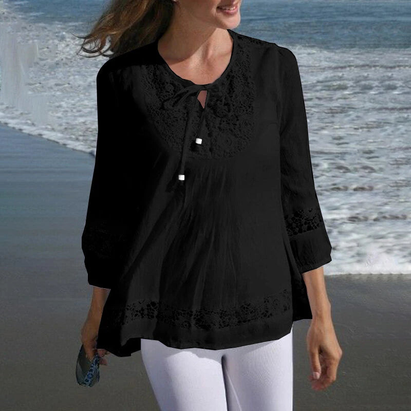 ZANZEA Women's Shirt Solid Lace Blouse Eyelet Lace Patchwork 3/4 Length Sleeve Top Summer Daily Casual Shirts