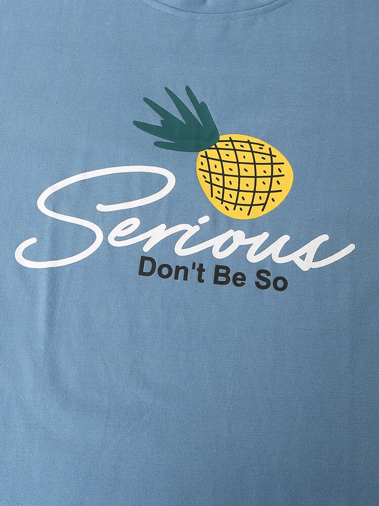 Women Cartoon Fruit Print O-Neck Loose Pants Cotton Comfy Plus Size Home Pajamas Sets