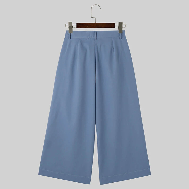 INCERUN Men Pants Solid Color High-waisted Straight-legged Trousers Comfy Button Loose Fit Men's Black Pant