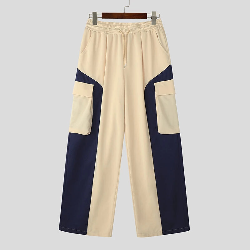 INCERUN Mens Contrast Color Workwear Pocket Pant Fashion Loose Fit Elastic Waist Drawstring Trousers S-5XL