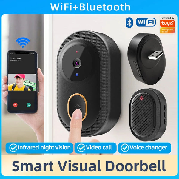 Tuya Smart Video Doorbell Wireless WiFi Two-Way Video Talk Voice Change Intercom Infrared Night Vision IP65 Waterproof 800mAh Battery Smart Life APP Wireless Visual Doorbell