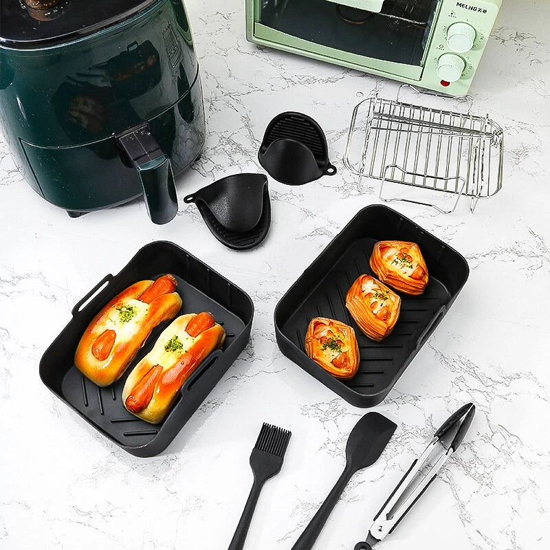 Silicone Air Fryer Accessory Set 8 Inch Silicone Liner Basket with Gloves Grill Brush Reusable Oven Accessory Air Fryer Liner for 8 to 10 QT Ovens Microwave Accessory
