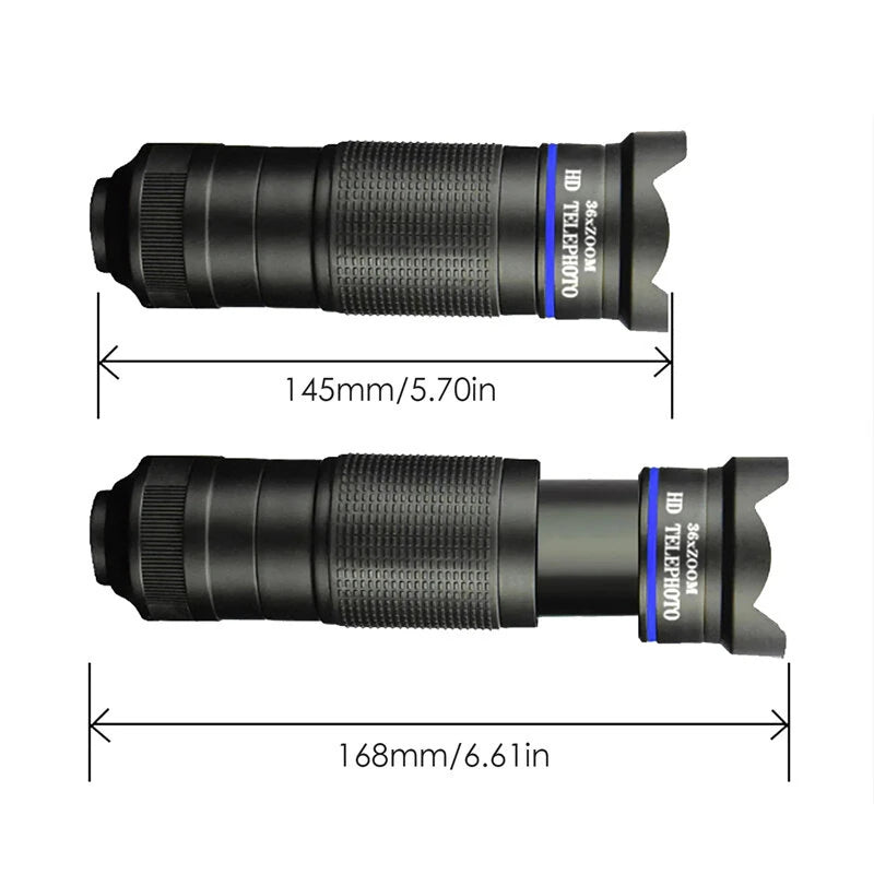 36X Phone Camera Telephoto Lens 4 In 1 Clip-on Telecope Zoom Macro Fisheye with Tripod Eyemask Storagebag Clip-On Lense for  Hiking Camping Wildlife Observation Moon Sports Game Concert Watching