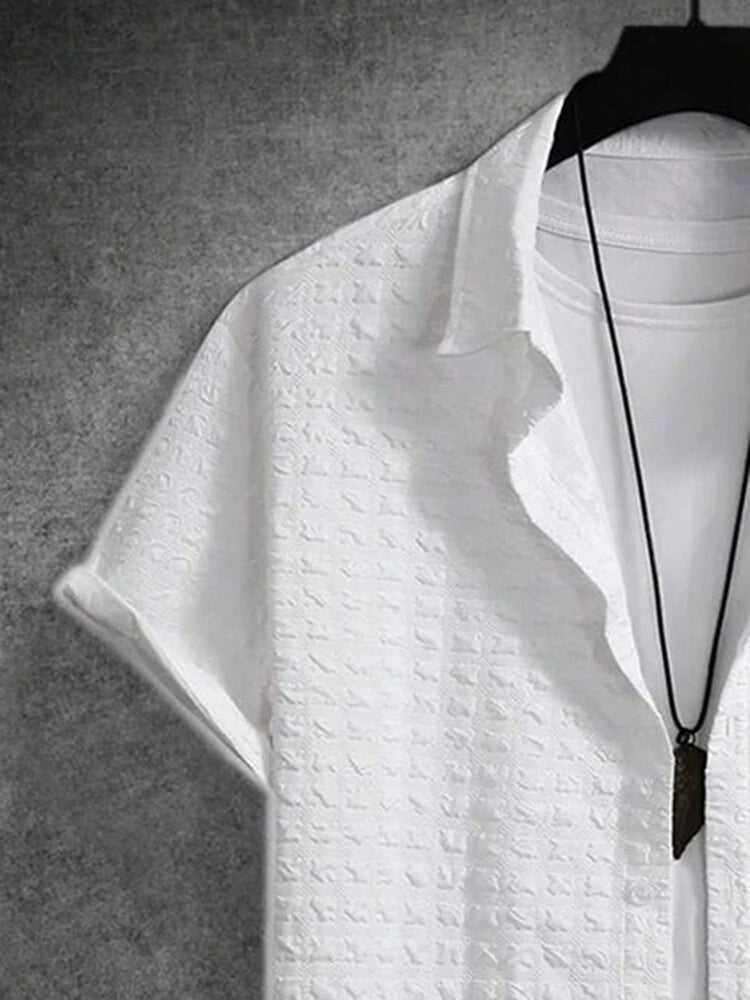 Mens Solid Patch Pocket Lapel Collar Short Sleeve Shirts