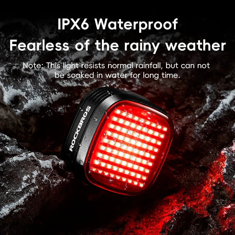 ROCKBROS Smart Bicycle Brake Sensing Taillight 12 Light Modes Vibration Sync Feedback IPX6 Waterproof USB Rechargeable Safe Rear Light for MTB Road Bike Cycling