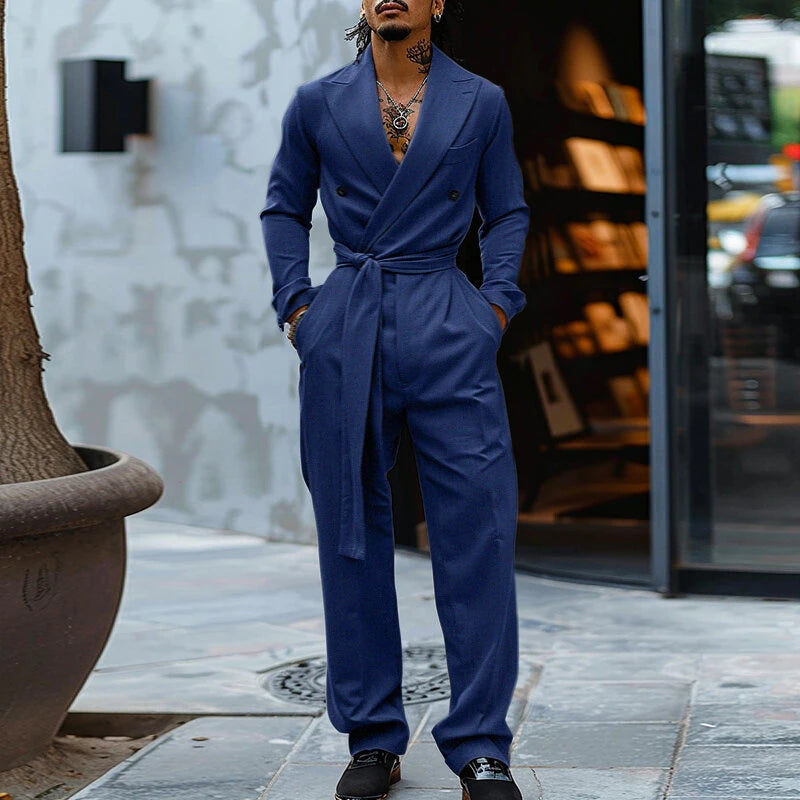 INCERUN Mens Double-Breasted Long Sleeve Jumpsuit Fashion Solid Color Waist Lace Up Suit Jumpsuit Long Top Pant