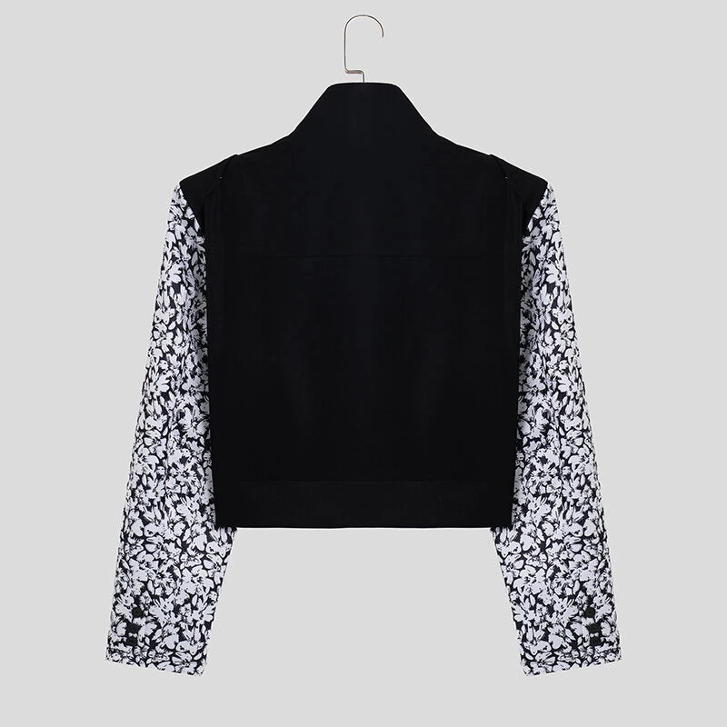 INCERUN Mens Floral Print Patchwork Jacket Crop Top Zipper Stand Collar Short Jackets for Men Large Size S-5XL