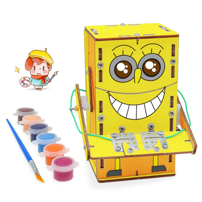 Wooden DIY Electric Powered Coin Eating Robot Puzzle Assembly Technology Small Production Creative Invention Mechanical Science Toy