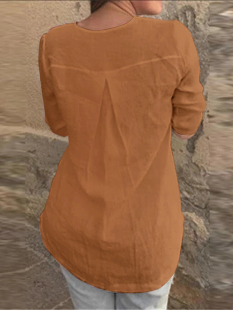 Cotton Solid Button Ruched High-Low Hem Casual Blouse