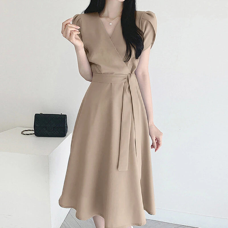 ZANZEA Womens Puff Sleeve V Neck Belted A Line Midi Dress Party Gown Long Dresses
