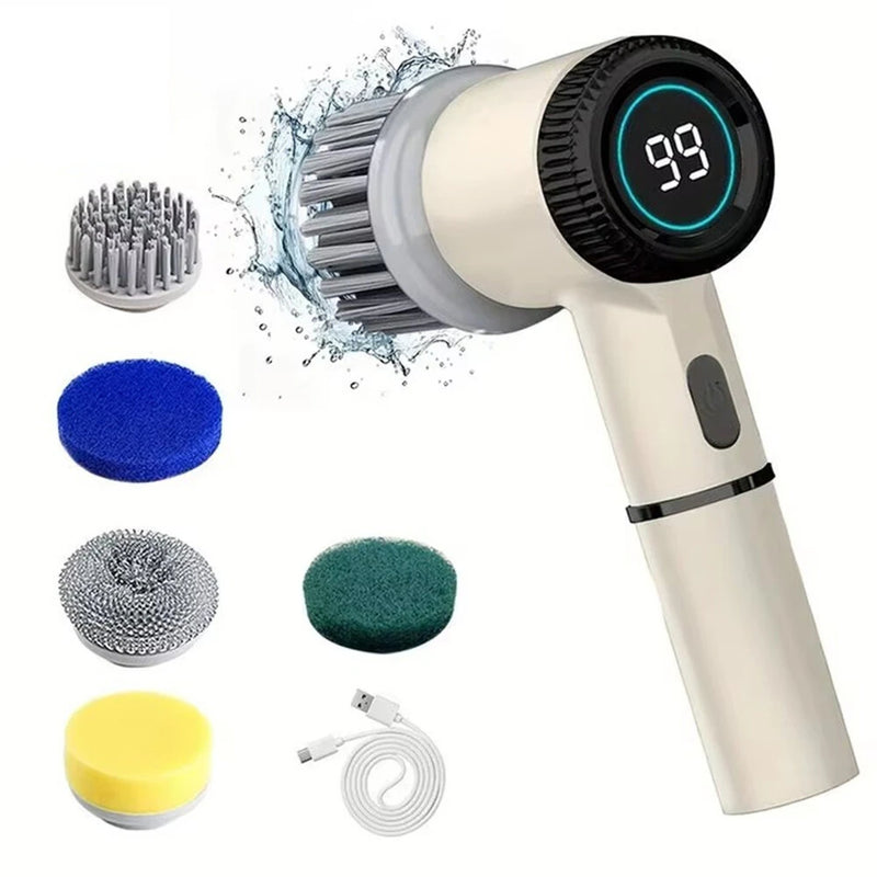 5 in1 Portable Electric Cleaning Brush 5W 1200mAh Rechargeable 3-Speed Adjustable 1600/2000/2400 RPM Cordless Multi-functional Kitchen Dish Scrubber with LED Indicator and USB Charging