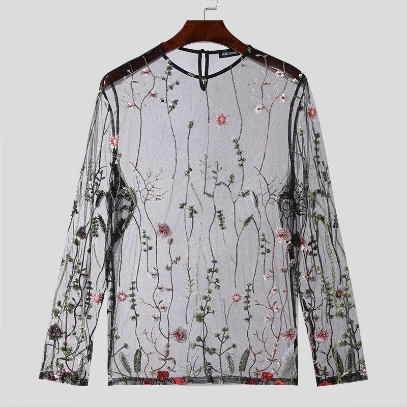 INCERUN Men T-shirts Fashion See-through Mesh Embroidered Flower Decor Long Sleeve Black Tshirts Summer Cool Party Male Tops