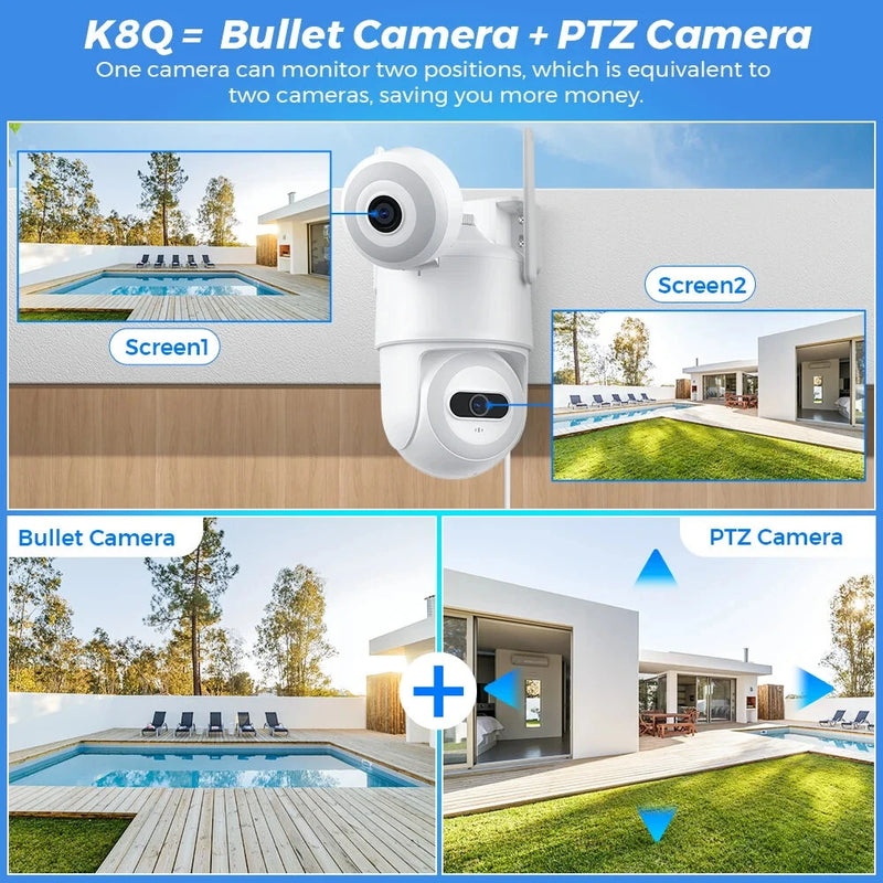 Guudgo 4K 4MP 8MP WiFi PTZ EU Camera Outdoors Dual Screen Human Detection Night Vision Two-way Audio IP66 Waterproof Support bluetooth/Wired CCTV Video Surveillance Camera
