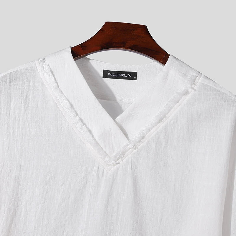 INCERUN Mens Raw Edge High-Low Hem T-Shirt Solid Color Wide Half Sleeve V-neck Tshirt Casual Top for Male S-5XL