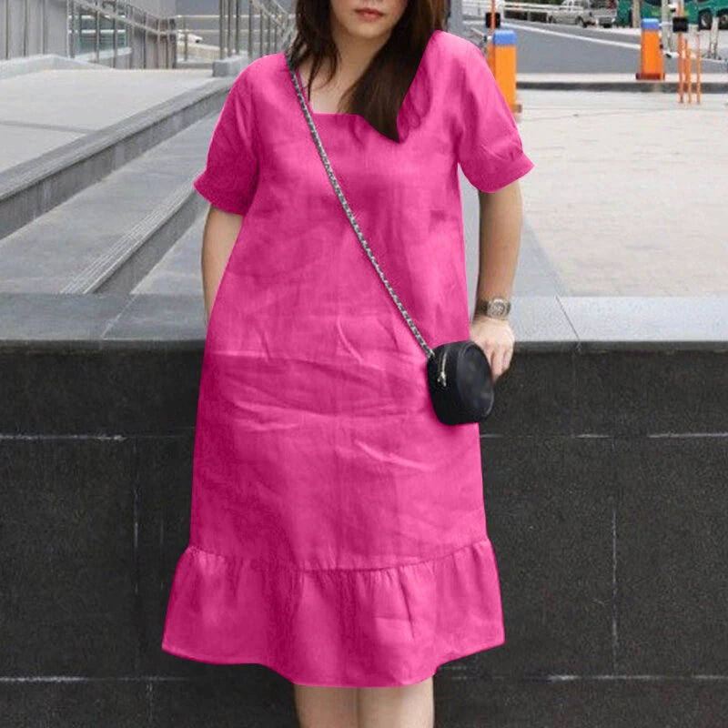 ZANZEA Women's Dresses Summer Vintage Casual Lantern Sleeve Ruffled Trim Square Neck Loose Solid Dress