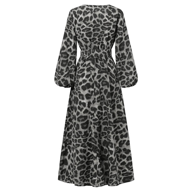 ZANZEA Women Plus Size Leopard Print Long Dress V-Neck Puff Sleeve Lace-Up Maxi Dress For Women