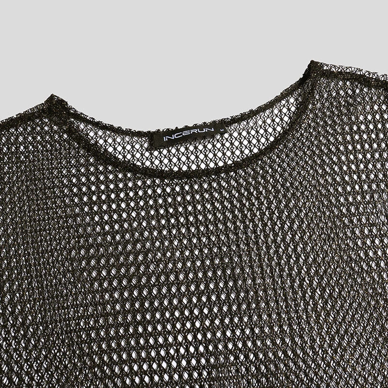 INCERUN Mens T-shirt Hollow Out Loose Fit Tee Fashion Casual Black T Shirt Summer Comfy Round Neck Long Sleeve Top