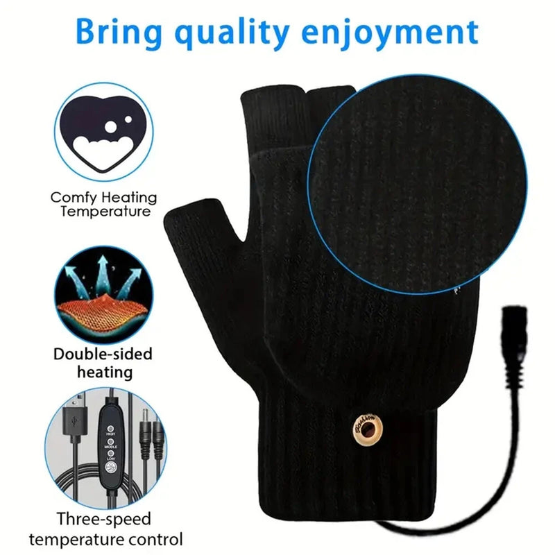 1 Pair USB Electric Heated Gloves Adjustable Temperature Half Finger Warmer Electric Thermal Winter Warm Gloves for Cycling Skiing
