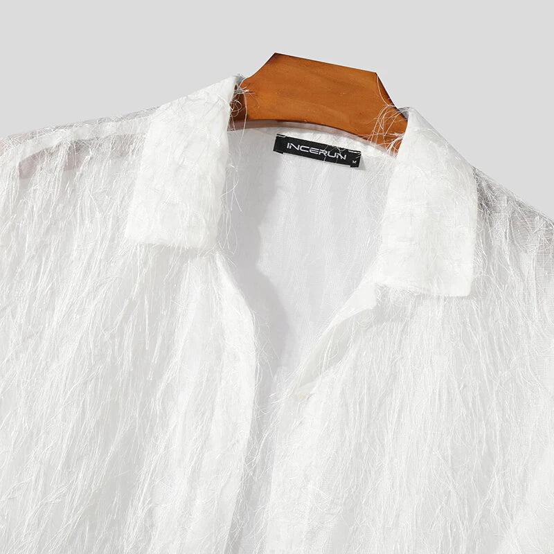 INCERUN Mens Shirts Fringed Chiffon White Shirt V-neck Lapel Short Sleeve Shirt Solid Color Men Clothing