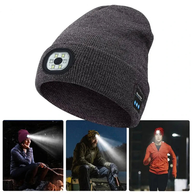 LED Light Bluetooth Beanie Unisex Warm Knitted Beanie 3 Light Modes Waterproof Rechargeable Wireless Music Flashlight Hat for Camping Jogging Fishing Cycling