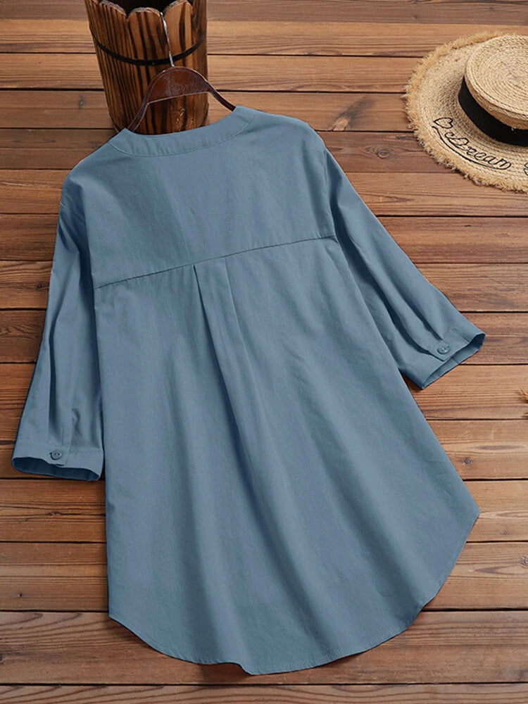 Solid Button Pocket High-Low Hem Casual Cotton Blouse