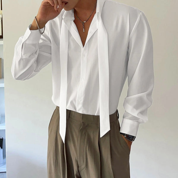 INCERUN Mens Deconstructed Tie-Detail Long Sleeve Shirt Fashion Solid Color Button Lapel Top Shirts for Male