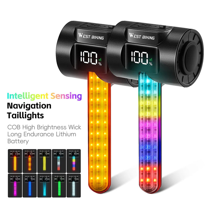 WEST BIKING RGB Colorful Dynamic LED Bicycle Taillight Smart Sensor Brake Digital Power Display Waterproof USB Rechargeable Bike Rear Light for Outdoor Night Safe Cycling
