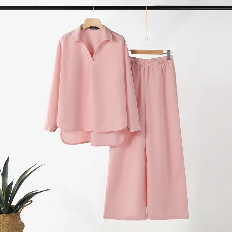 ZANZEA Women Suits - Long Sleeve Lantern Sleeve Elastic Waist Pants Wide Leg Pants with Pockets Casual Tops Trousers Two-Piece Set Plus Size