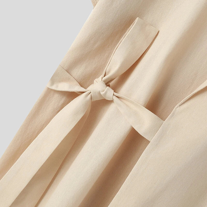 INCERUN Men's Shirt Solid Color Lapel Shirt Casual Lace Up Short Sleeve Top Summer Daily Male Clothing