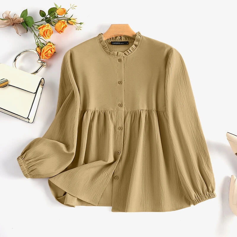 ZANZEA Women Shirt Fashion Long Sleeve Solid Blouse Vintage Ruffles Tops Loose Fit Blouse Top for Women S-5XL