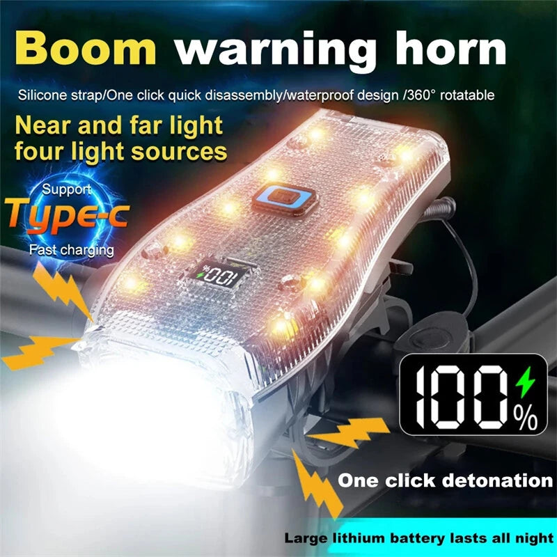 BIKIGHT Bike Headlight 4 LED Large Beads 2000mAh Battery Dual Distance Beam Design Waterproof 4 Light Modes Type-C Fast Charge Power Display Flashlight with 120dB Horn