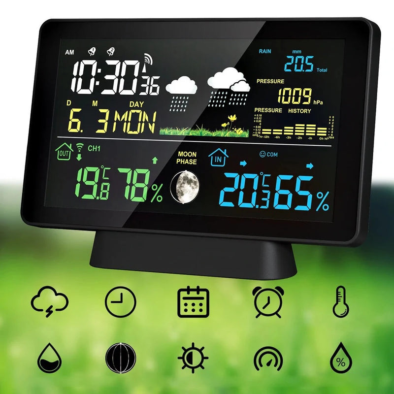 Multi-function Professional Weather Station Alarm Clock Wireless Indoor Outdoor Thermometer With Rain Gauge/ Temperature/  Humidity/ Rainfall Monitoring/ Atmospheric Pressure Intelligent Color Screen Clock