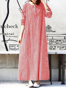 Women Casual Plaid Half Button Front Long Sleeve Maxi Dresses
