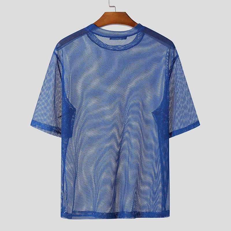 INCERUN Mens Numeric Print Sheer Mesh T-Shirt Solid Color Crew Neck Tshirts Fashion Matching Streatwear for Male Plus Size S-5XL