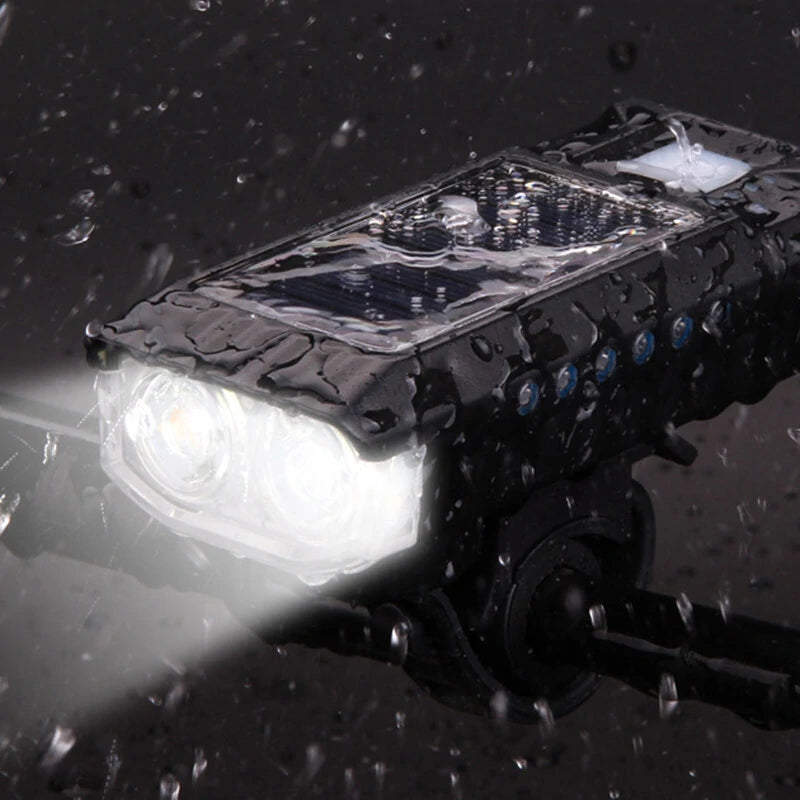 Solar Rechargeable Bike Headlight LED Super Brightness 4000mAh Battery Waterproof 4 Light Modes Warning Flashlight with 120dB Horn for Night Cycling