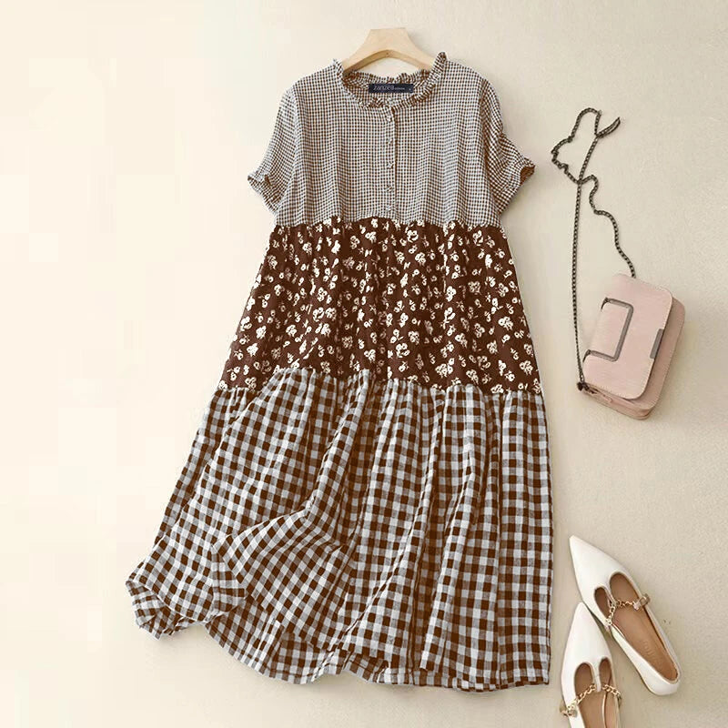 ZANZEA Women Loose Patchwork Check Floral Dress Stylish Short Sleeve Pleated Crew Neck Shirt Dress for Women Plus Size