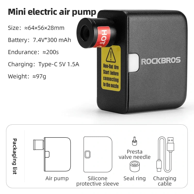 ROCKBROS Mini Portable Bike Electric Air Pump 100PSI Power 300mAh Battery USB Rechargeable Lightweight Inflator for MTB Bicycle Scooter Ball