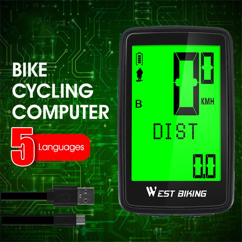 WEST BIKING 5 Languages Bike Computer 21 Functions Touch Screen USB Charging Waterproof Wireless Bicycle Speedometer Odometer for MTB Road Cycling