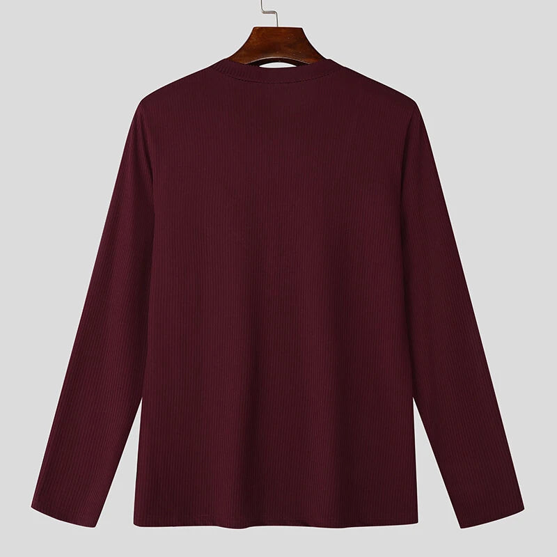 INCERUN Mens Striped Long Sleeve T-Shirt Knitted Solid Color Fashion Big V-neck Tshirt for Male S-5XL